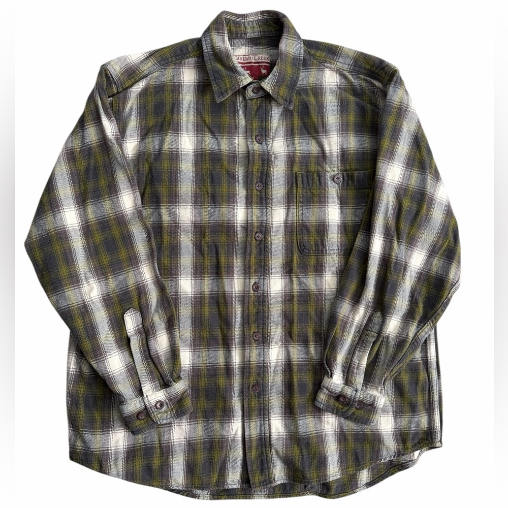 Caribou Creek Men’s Flannel Shirt Size L Green Gray Plaid Long Sleeve Button‎ Up